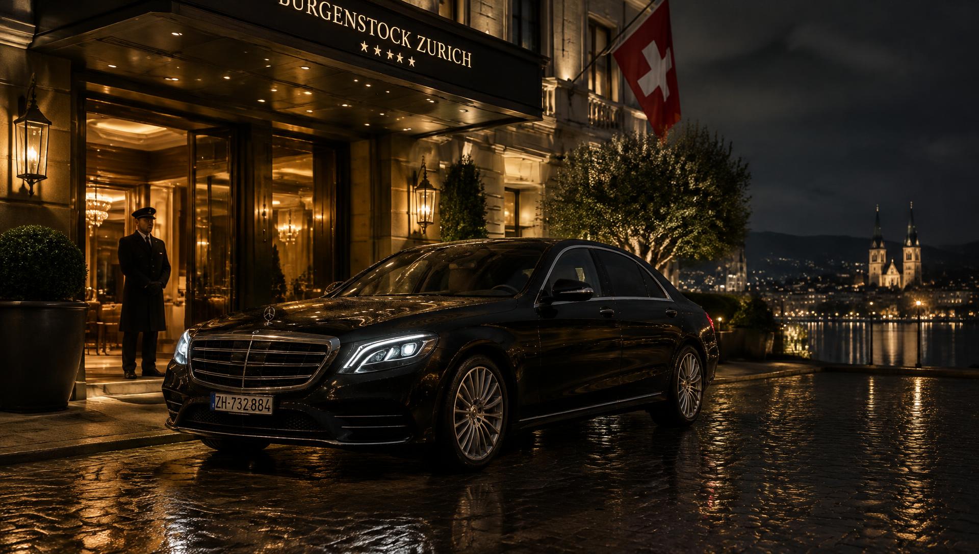 Black Mercedes S-Class in front of a Zurich hotel